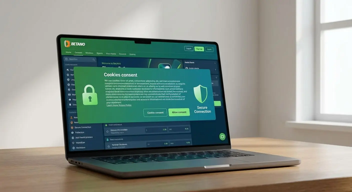 Interfaz Betano resalta opciones de privacidad y uso de cookies.