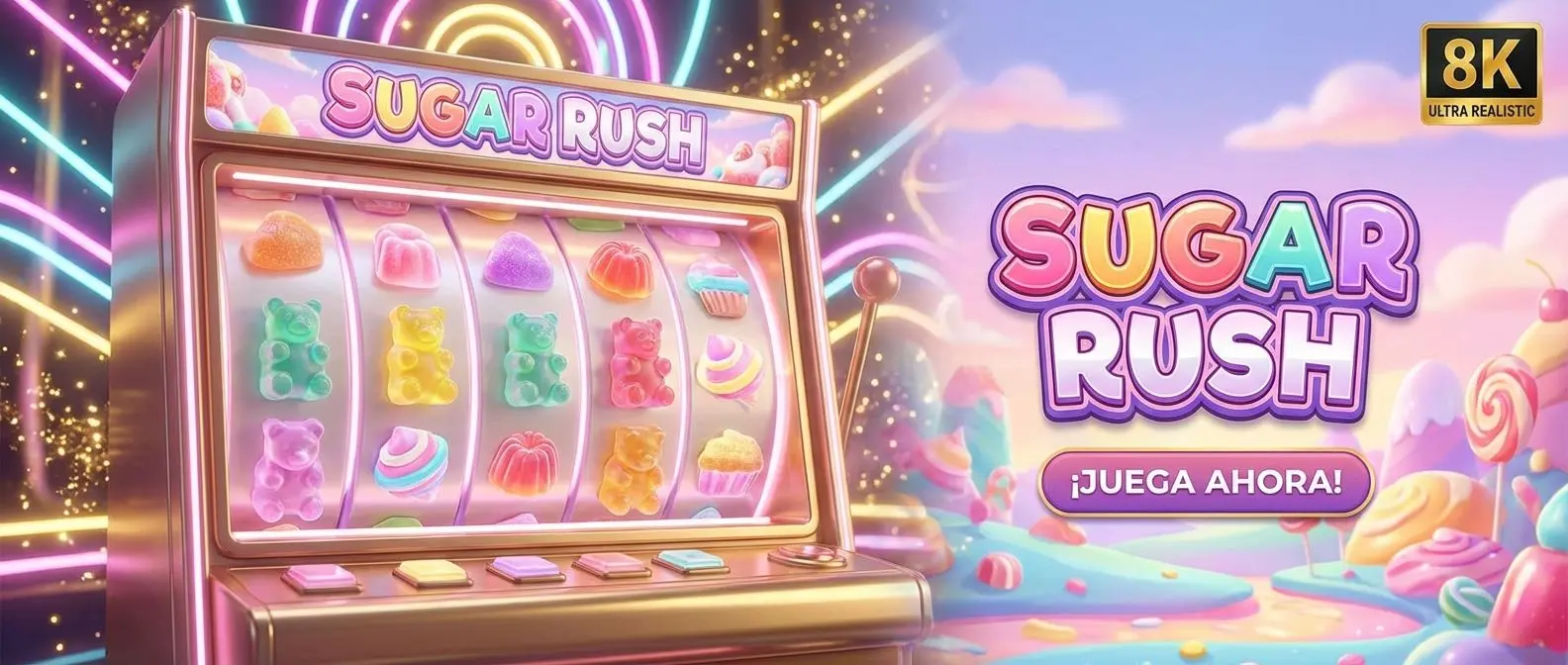 Banner mostrando la tragamonedas Sugar Rush con dulces y golosinas en primer plano en Betano Argentina