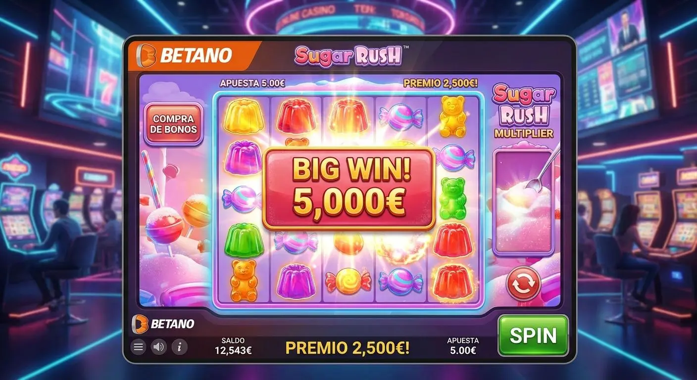 Vista de la tragamonedas Sugar Rush en Betano con símbolos de caramelos y colores vibrantes