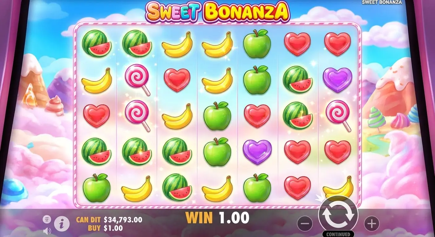 Tragamonedas Sweet Bonanza con símbolos de frutas y caramelos