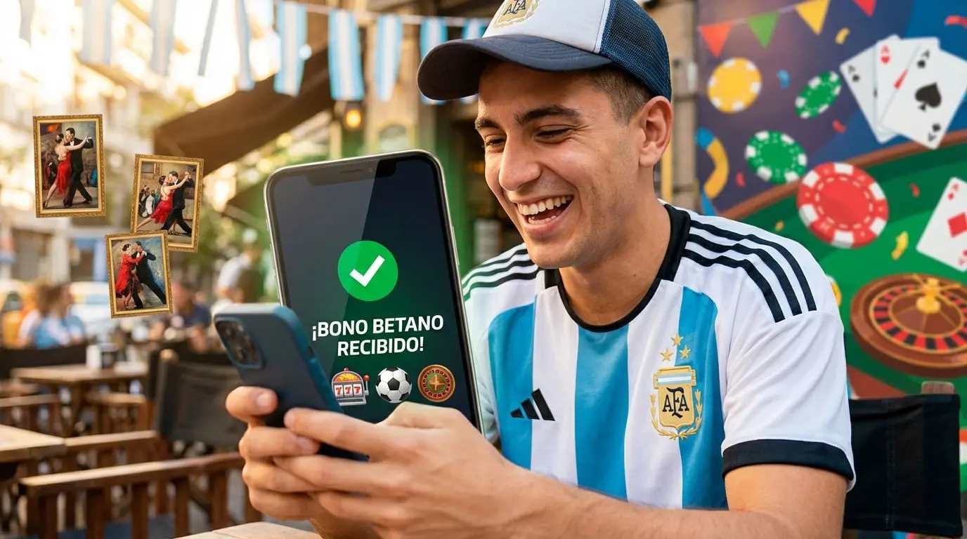Usuario argentino celebrando bono Betano en móvil, fondo de casino y deportes