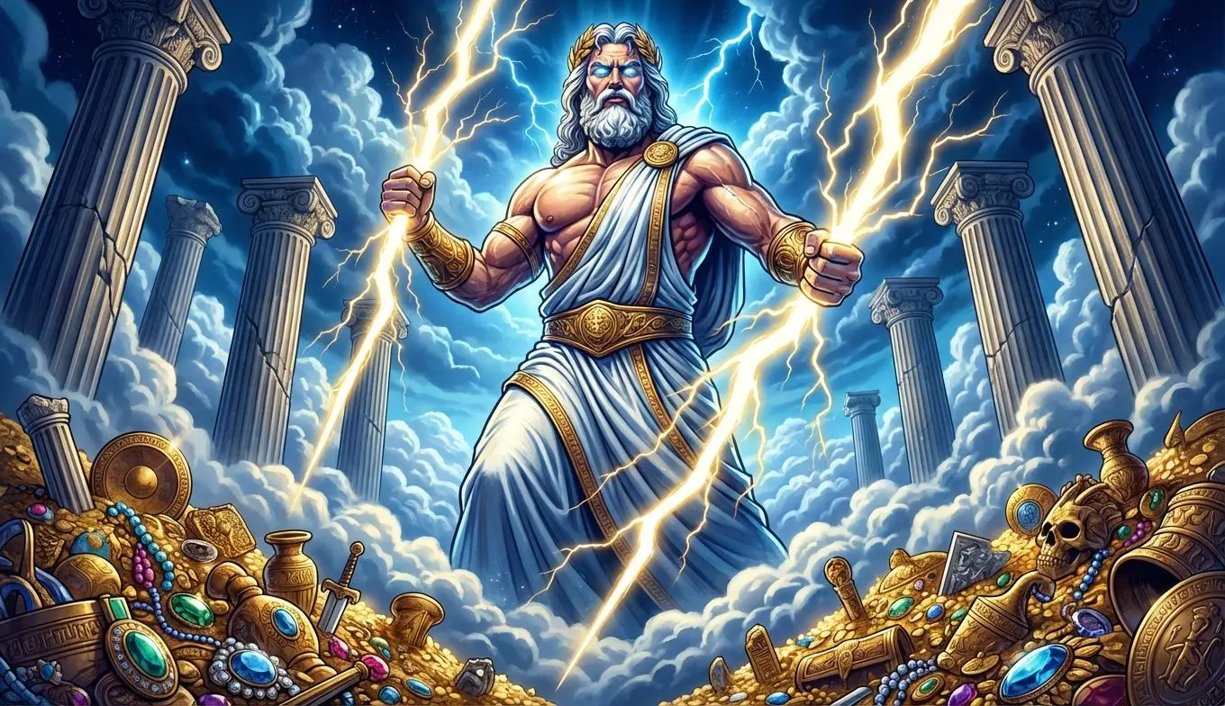 Zeus con rayos y columnas griegas, fondo de nubes y tesoros, ambiente slot online.