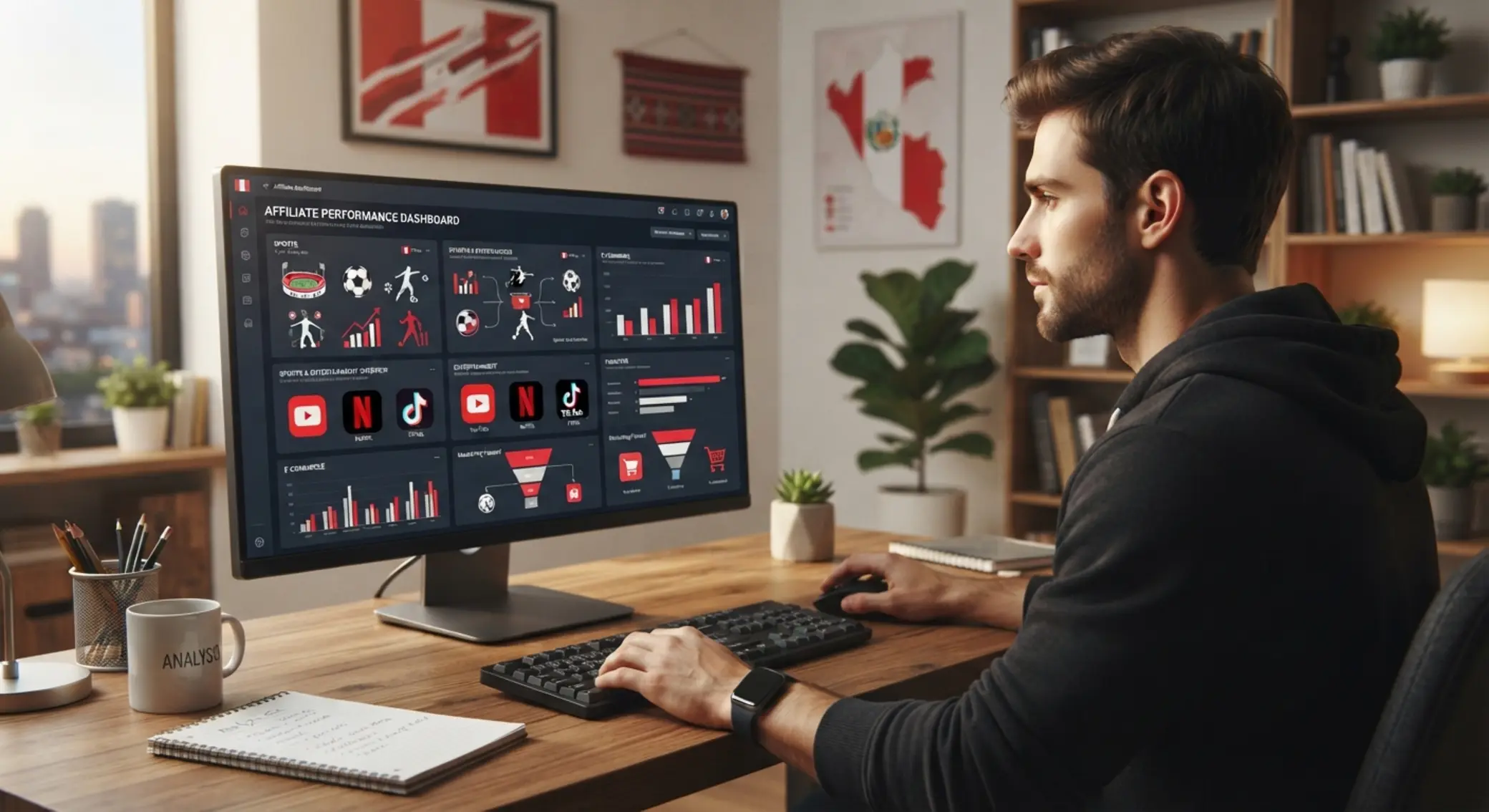 Creador de contenido revisando estadísticas de afiliación con enfoque en Perú