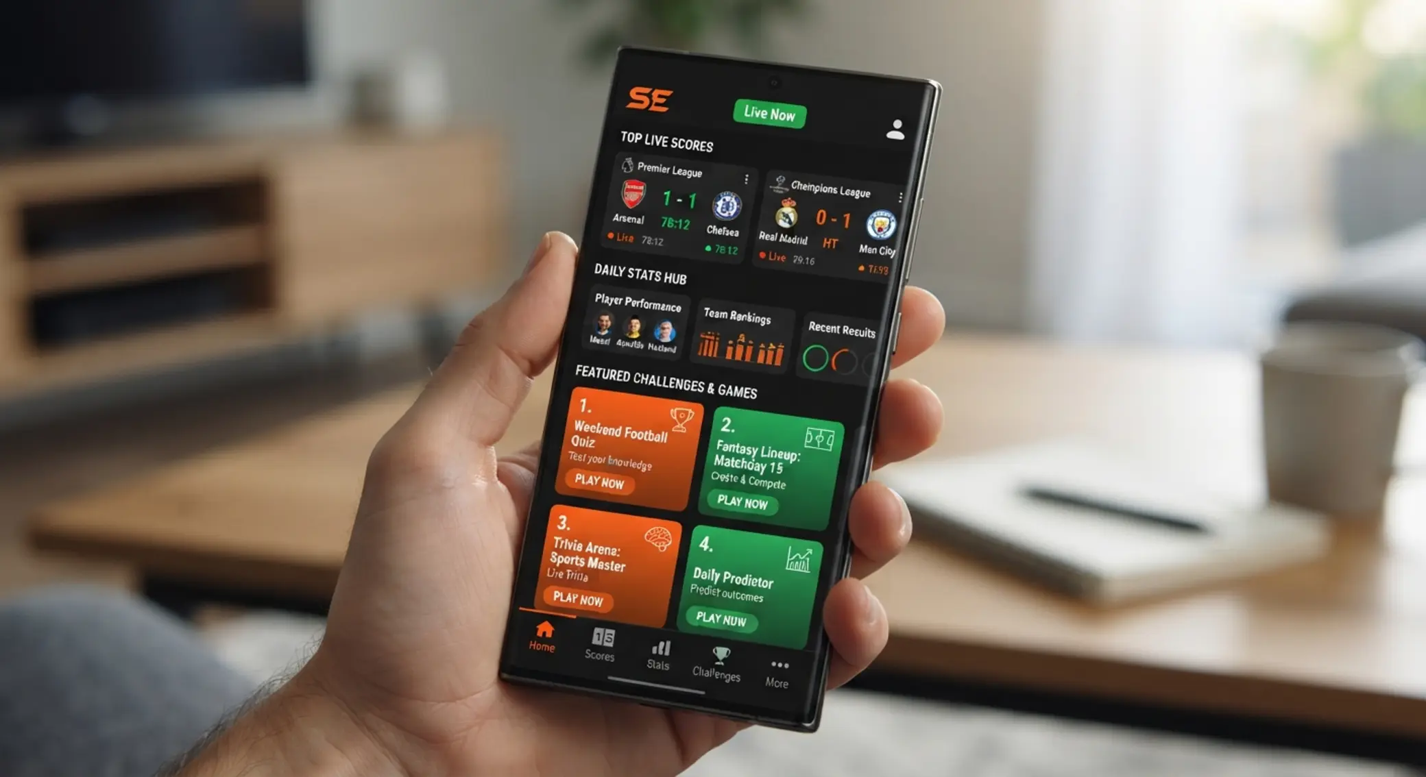 Interfaz genérica de app móvil de deportes y juegos en Android