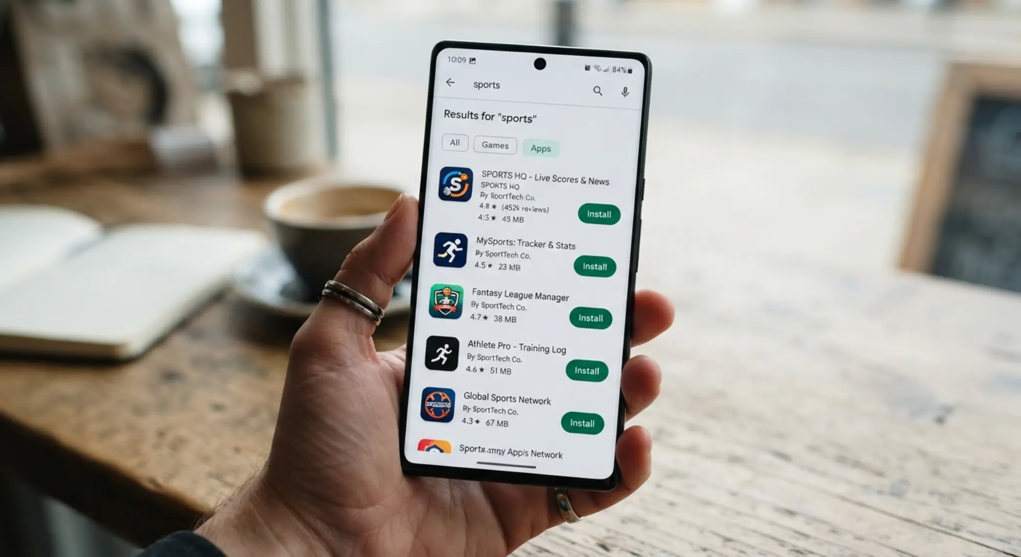 Móvil Android con búsqueda de app en Google Play Store