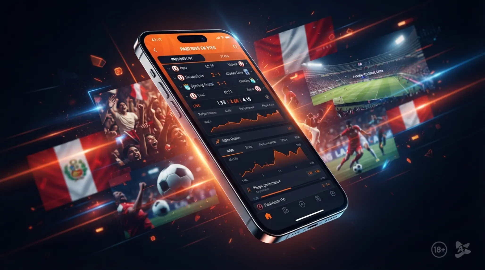 Banner de smartphone con interfaz móvil estilo Betano Perú y enfoque en descarga