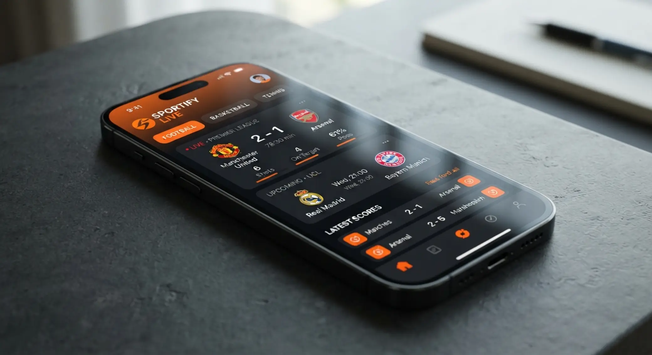 Smartphone con pantalla inicial de app móvil de apuestas deportivas