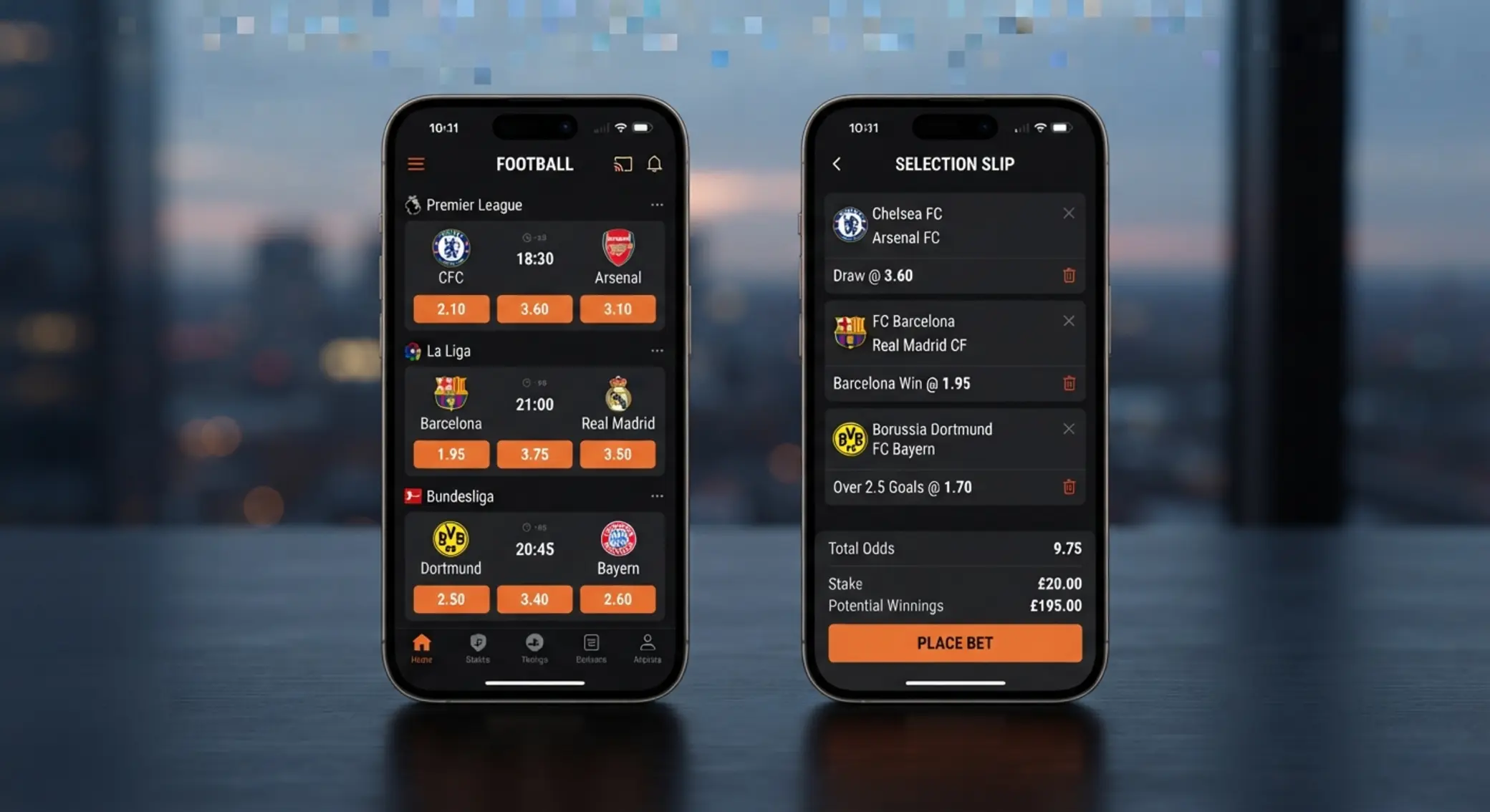 Pantallas internas de app con lista de partidos y cupón