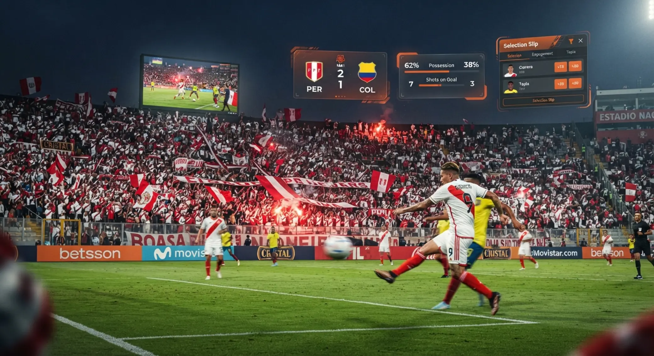 Escena de fútbol dinámica con interfaz deportiva y ambiente online para usuarios de Perú