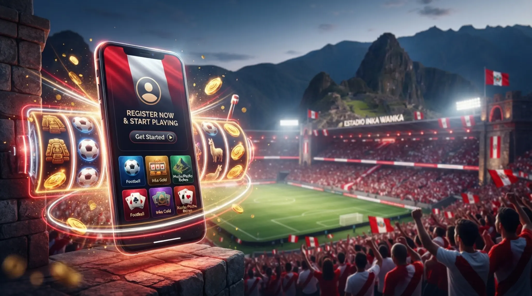 Escena promocional con estadio de fútbol y luces de tragamonedas en contexto peruano