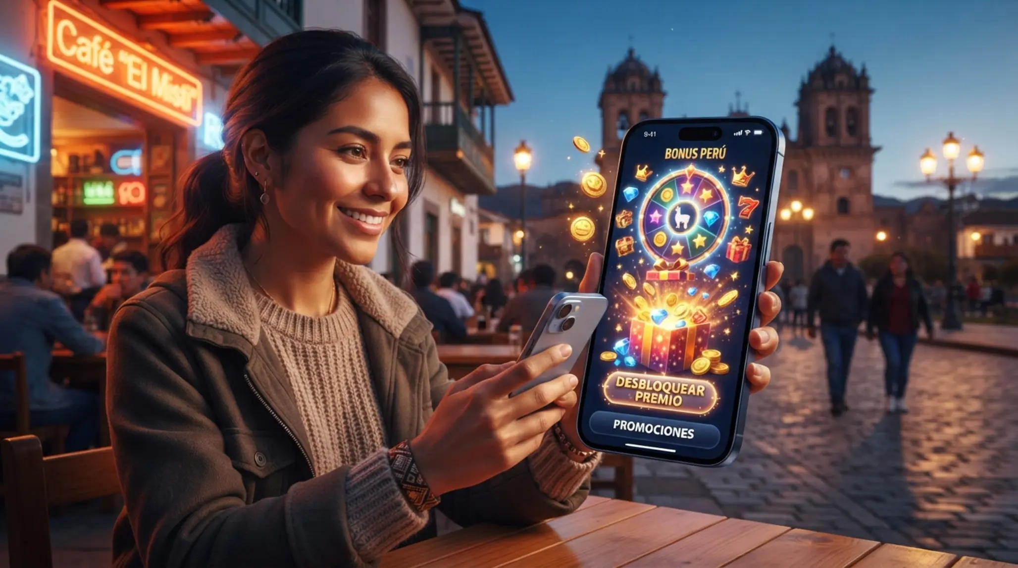 Usuario con smartphone y elementos visuales de bono gratis en una escena digital moderna