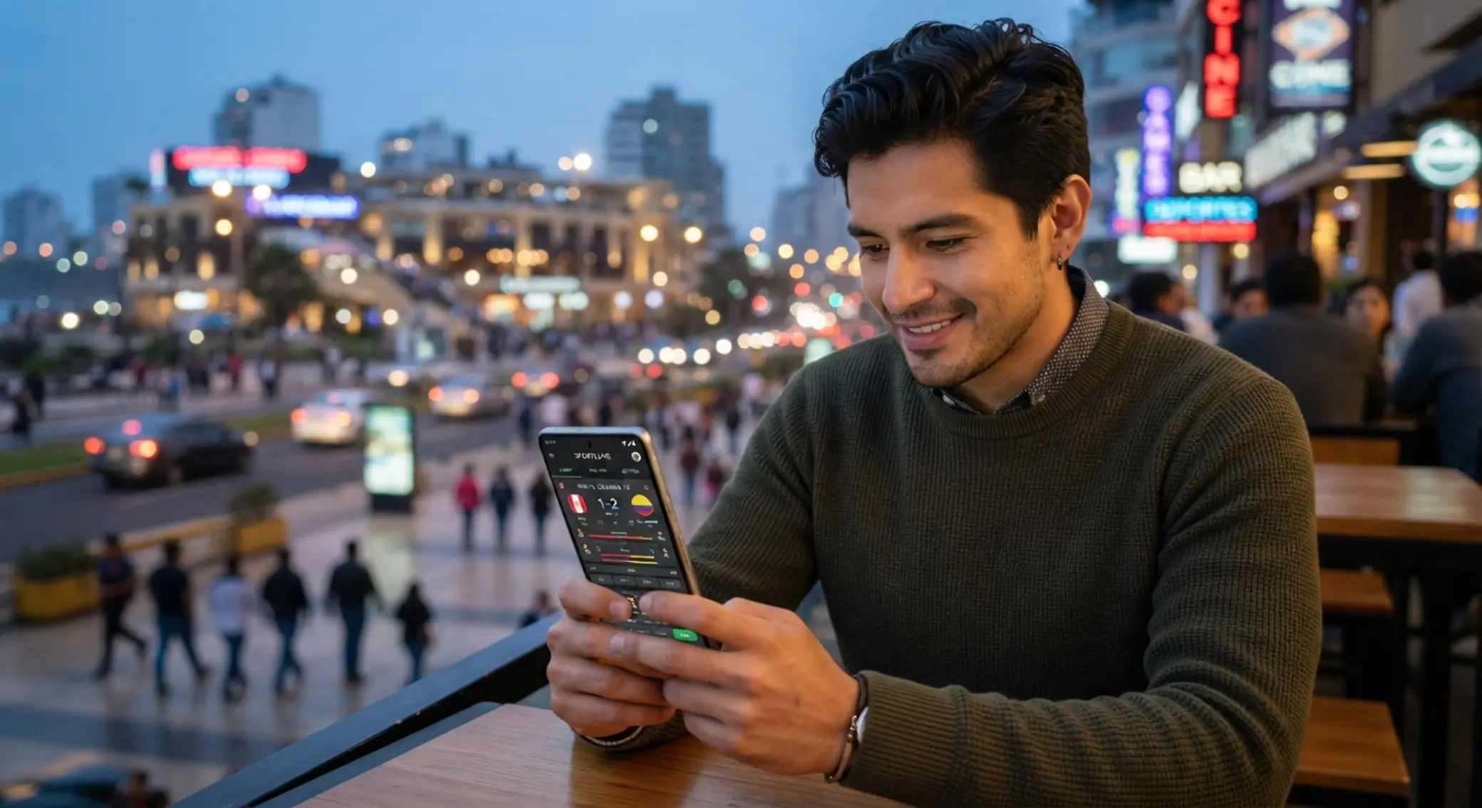 Usuario peruano usando una app móvil para revisar promociones y jugar desde el celular