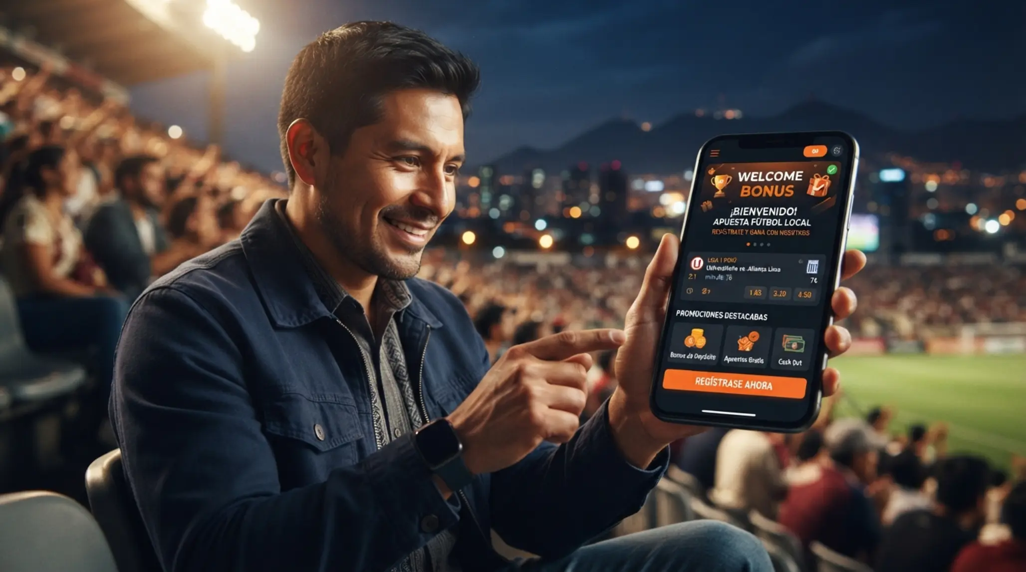 Usuario peruano con móvil y una interfaz deportiva moderna en estilo naranja y negro