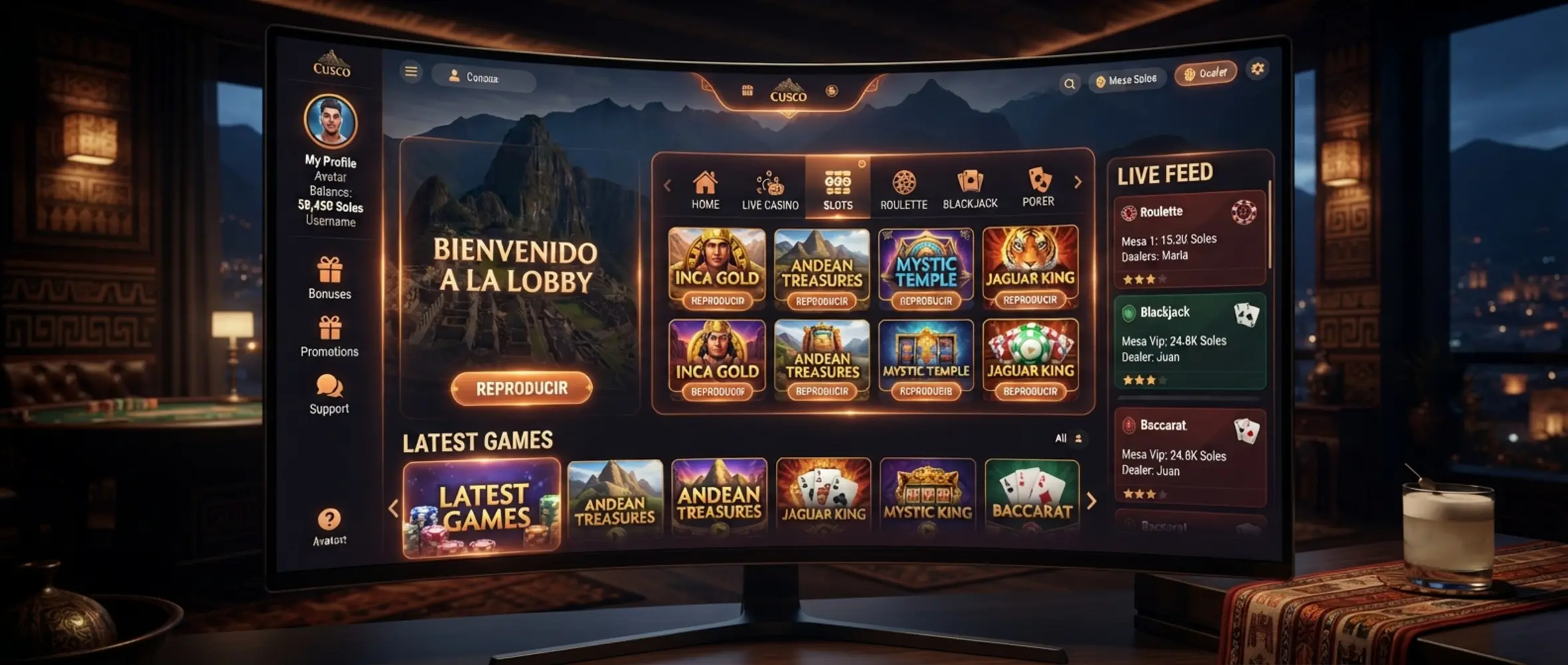 Lobby digital con categorías de tragamonedas, ruleta y juegos de cartas