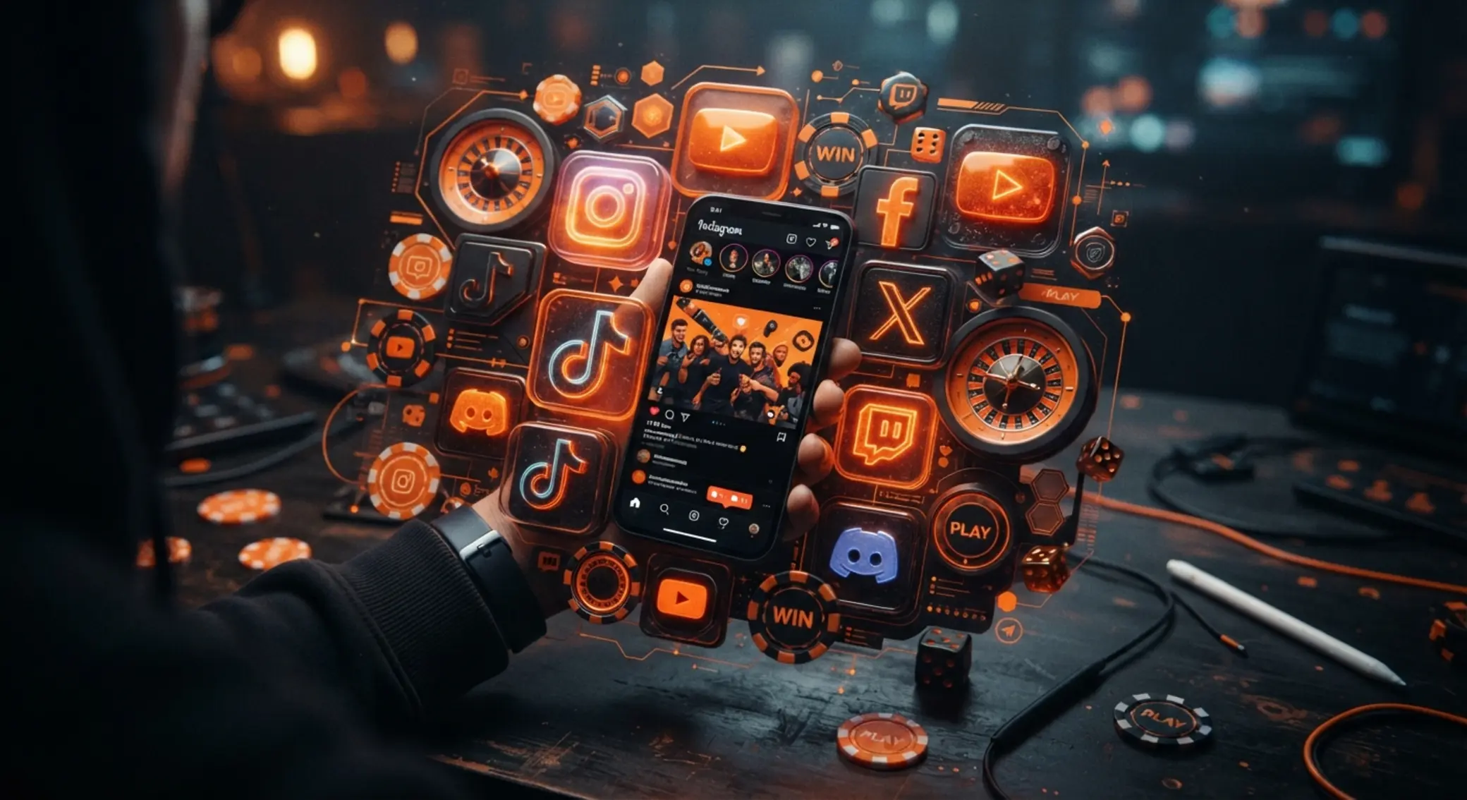 Collage de redes sociales con elementos visuales de entretenimiento online
