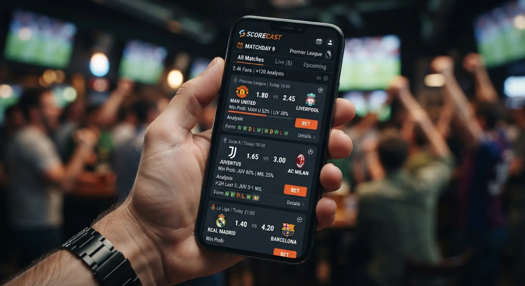 Cupón de apuesta deportiva en móvil con evento de fútbol genérico