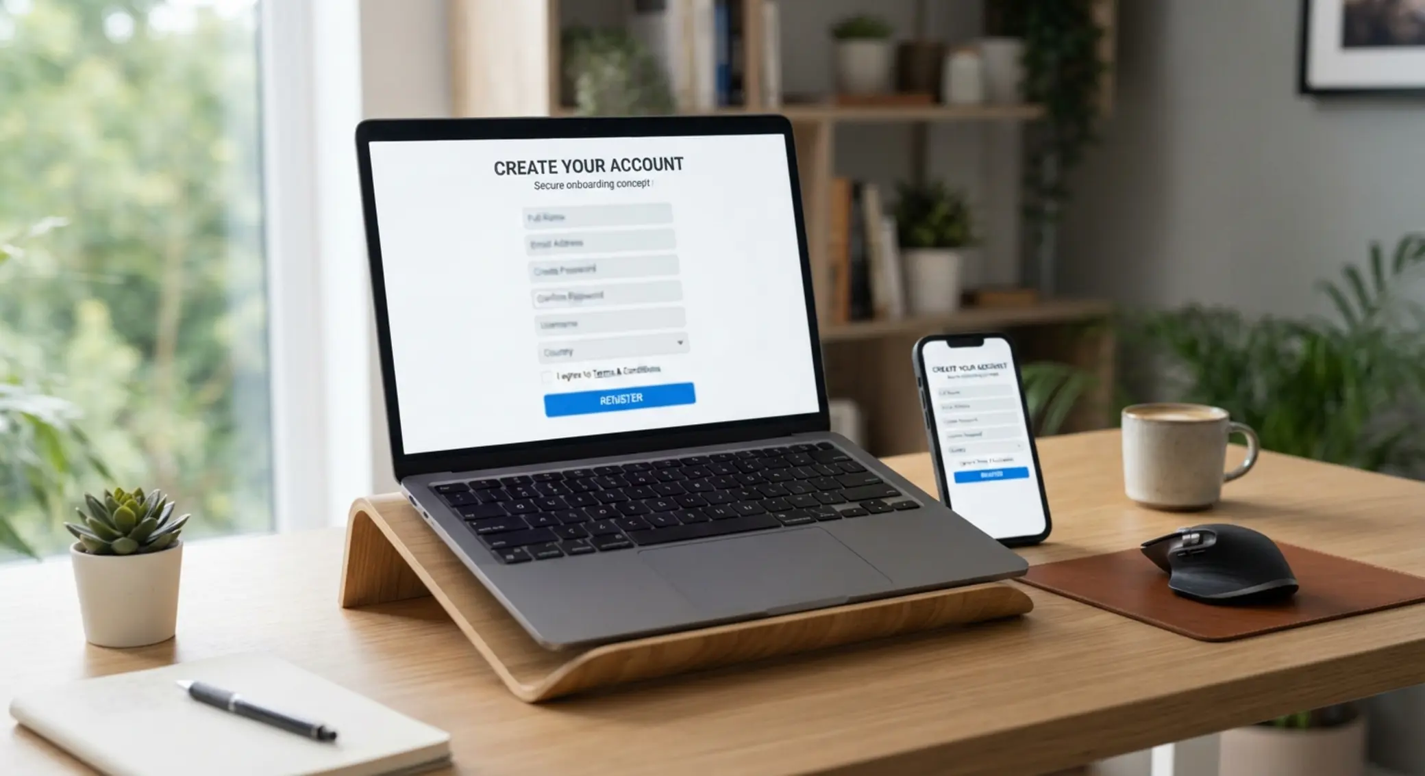 Interfaz de registro en laptop y móvil sin datos reales visibles