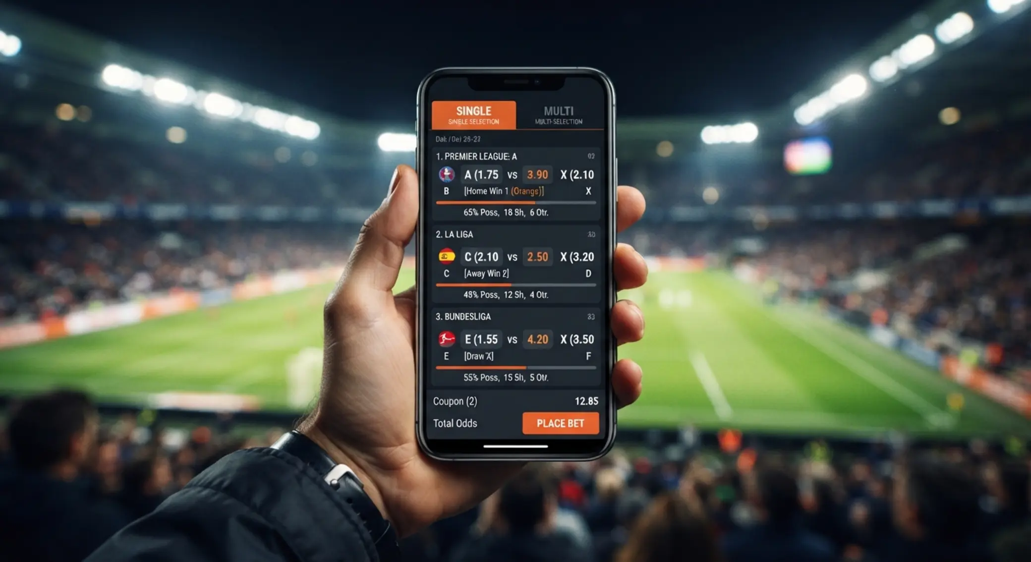 Mockup de cupón deportivo con selección simple y combinada