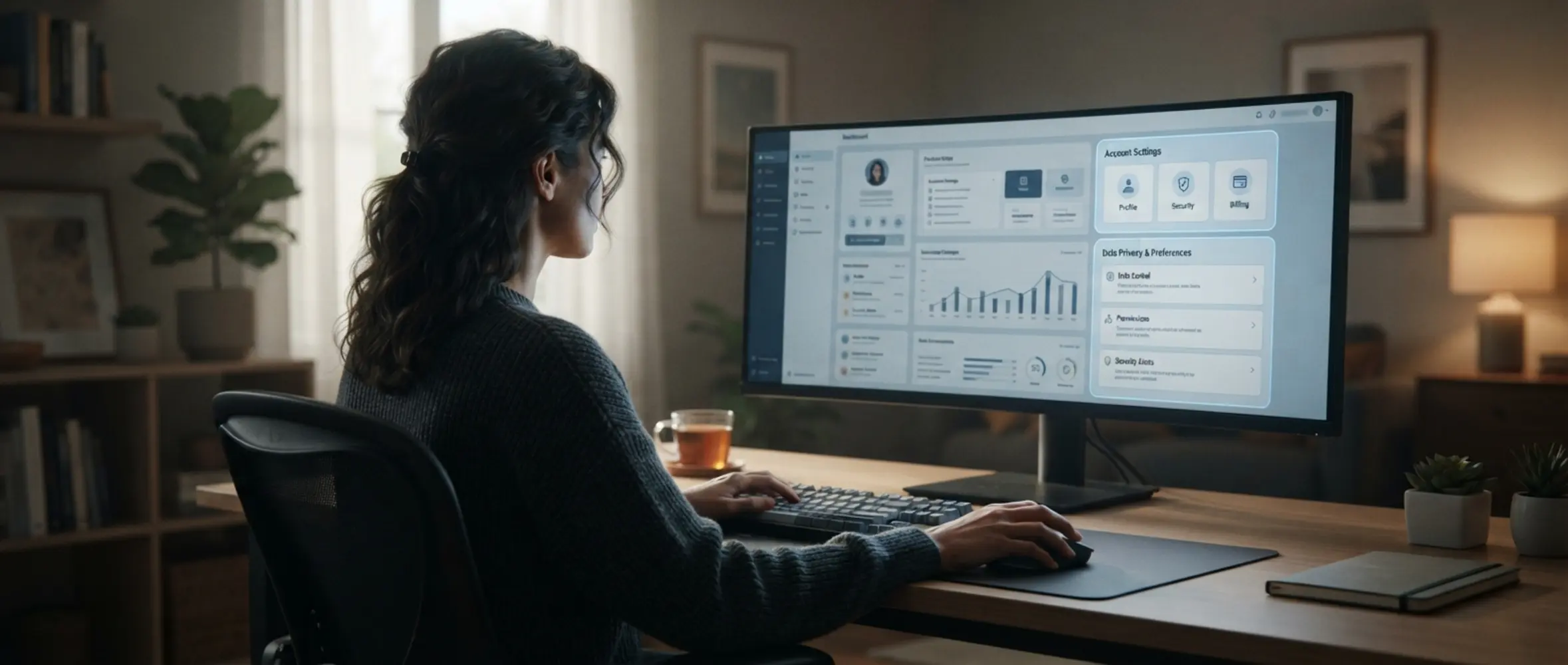 Usuario revisando la configuración y privacidad de una cuenta en una pantalla