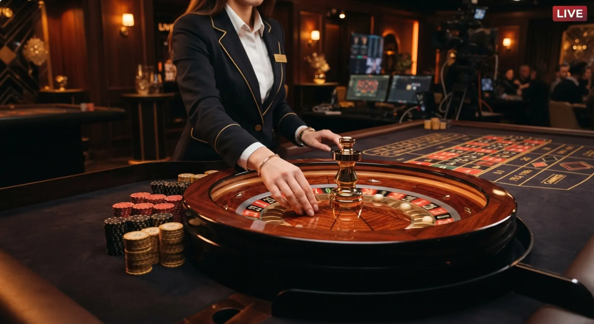 Mesa de ruleta en vivo con crupier y transmisión en directo