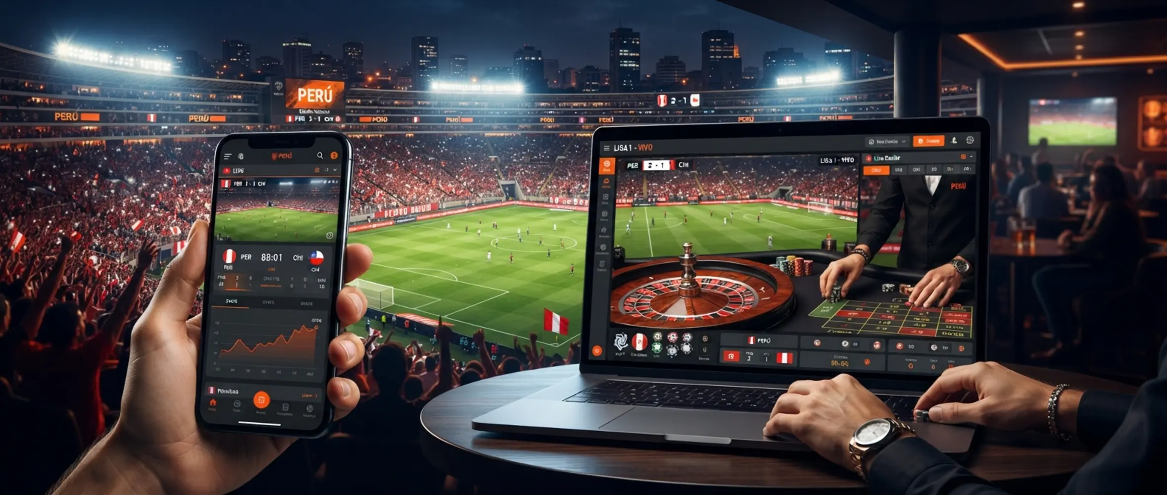 Interfaz en vivo con partido deportivo en directo y mesa estilo ruleta para usuarios en Perú