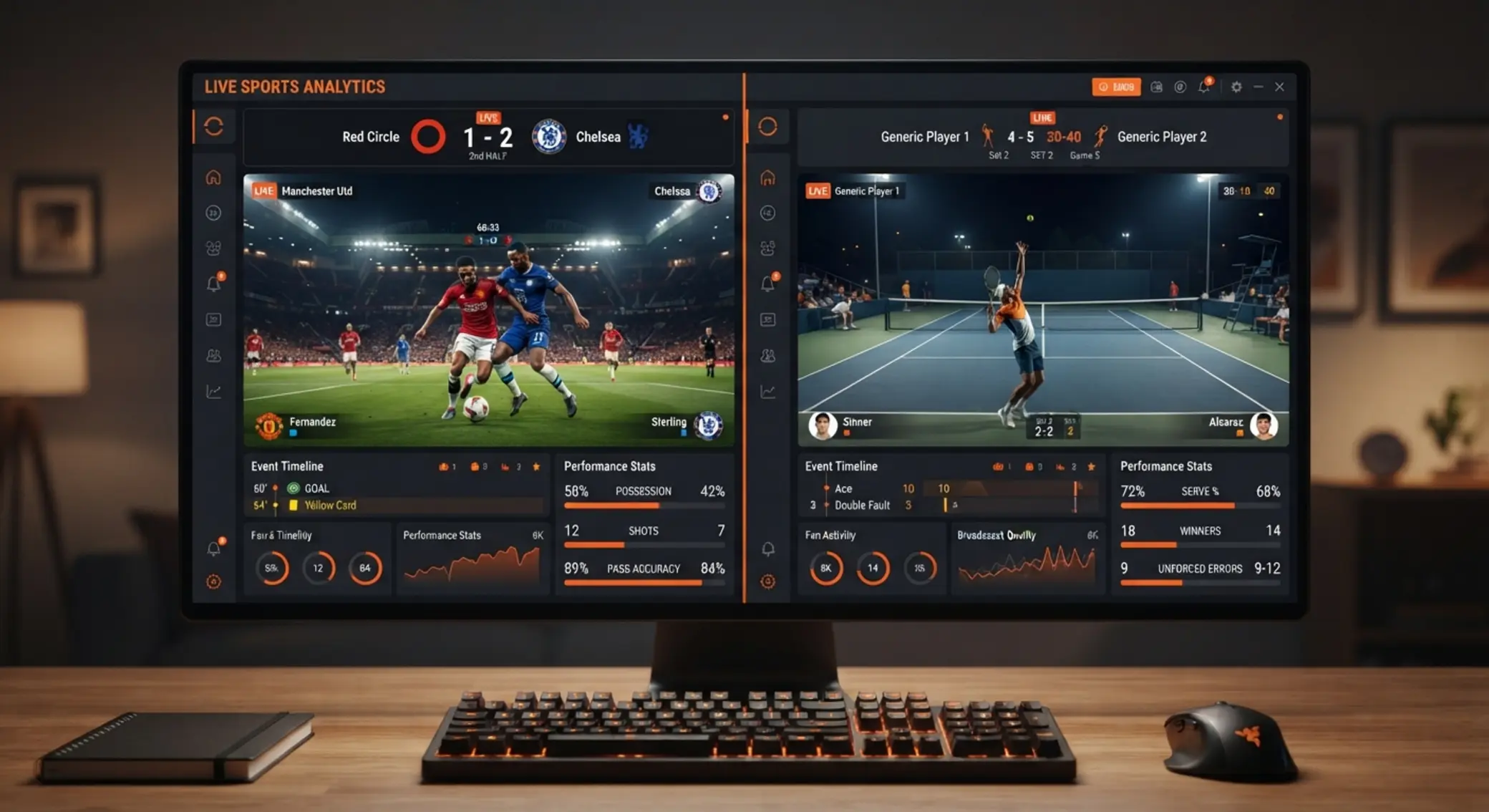 Pantalla dividida con apuestas en vivo de fútbol y tenis