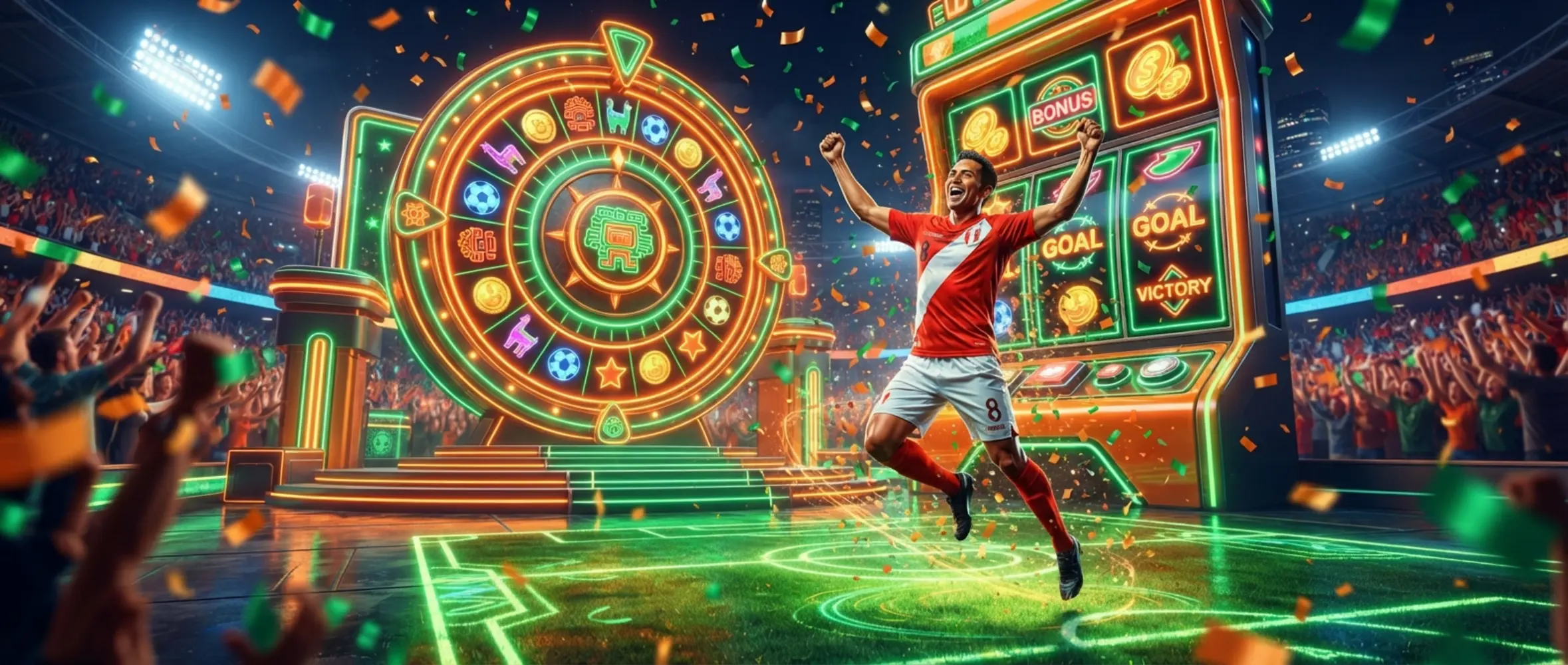 Banner promocional temático de Betano Perú con deporte y juegos de ruleta y tragamonedas