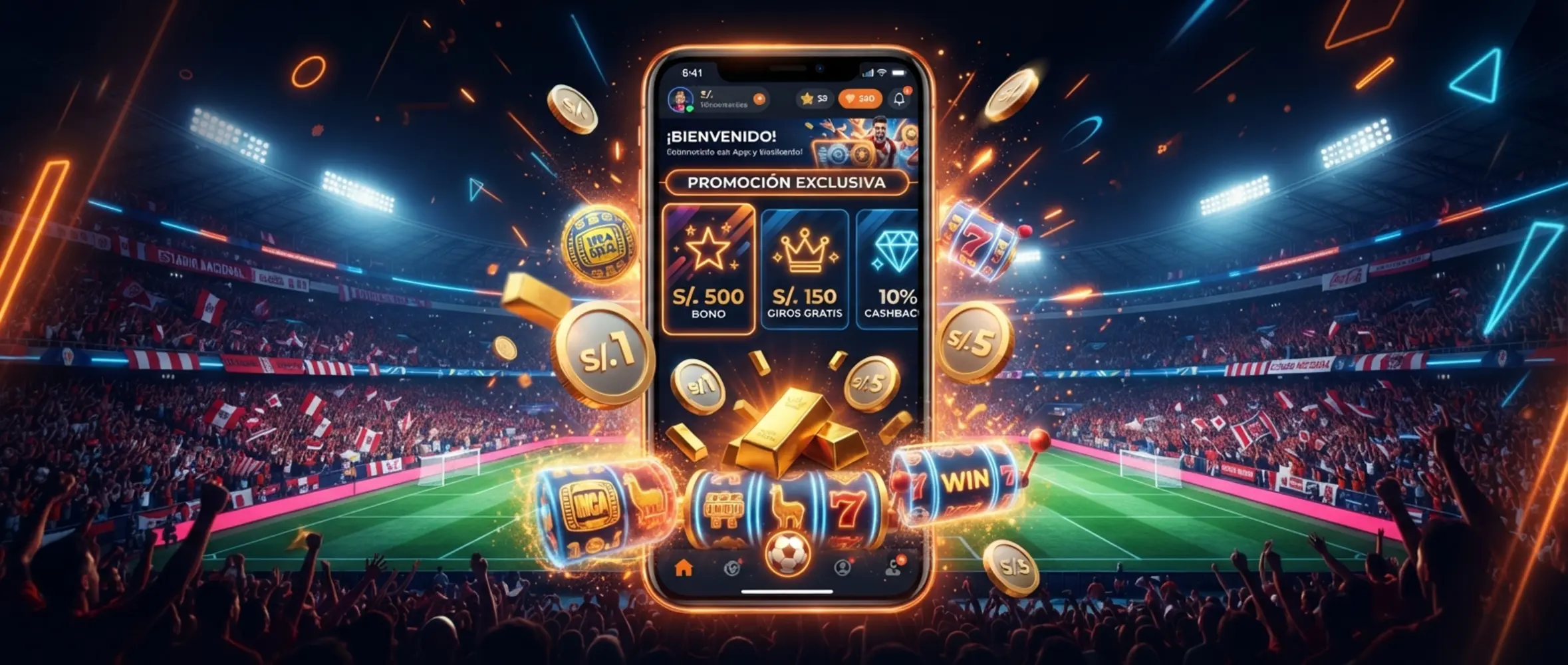 Banner promocional con giros gratis y bonos en soles en un entorno digital deportivo y de entretenimiento