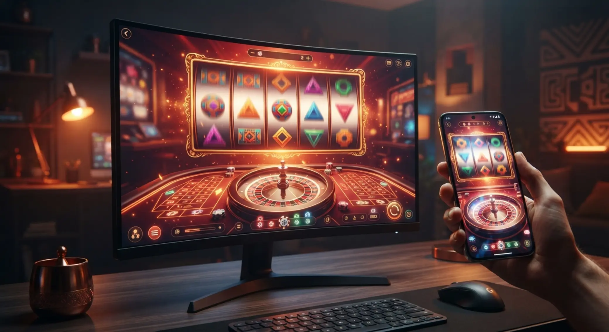 Interfaz visual del área de juegos digitales con tragamonedas y ruleta