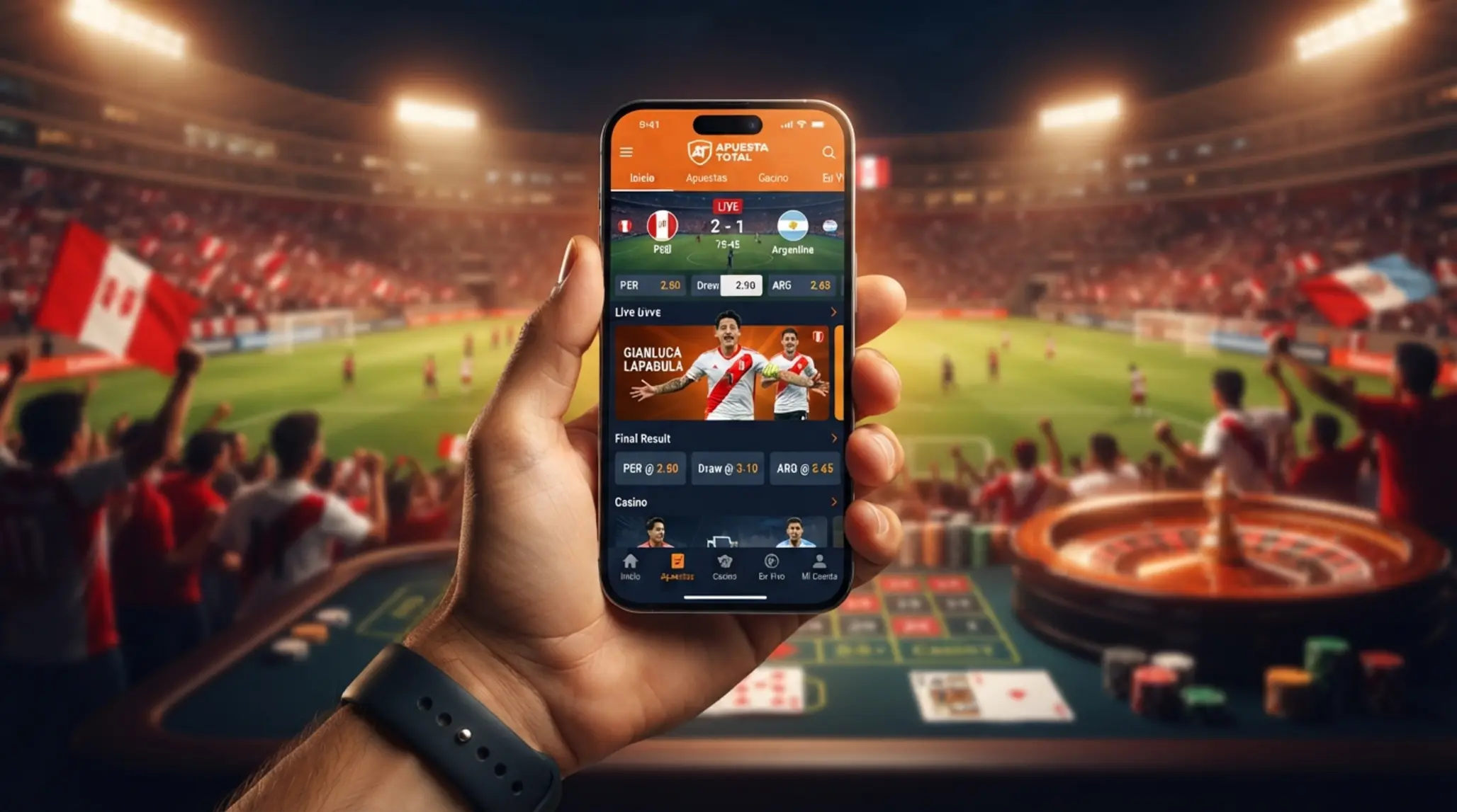 iPhone con app móvil de entretenimiento deportivo y fondo de fútbol y fichas