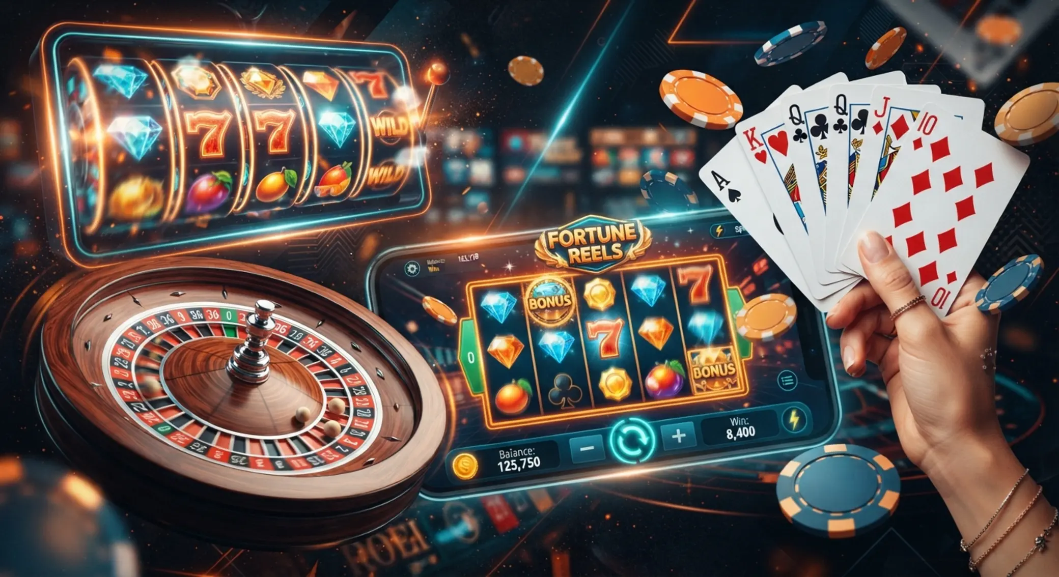 Banner de juegos gratis tipo demo con slots, ruleta y estilo visual dinámico