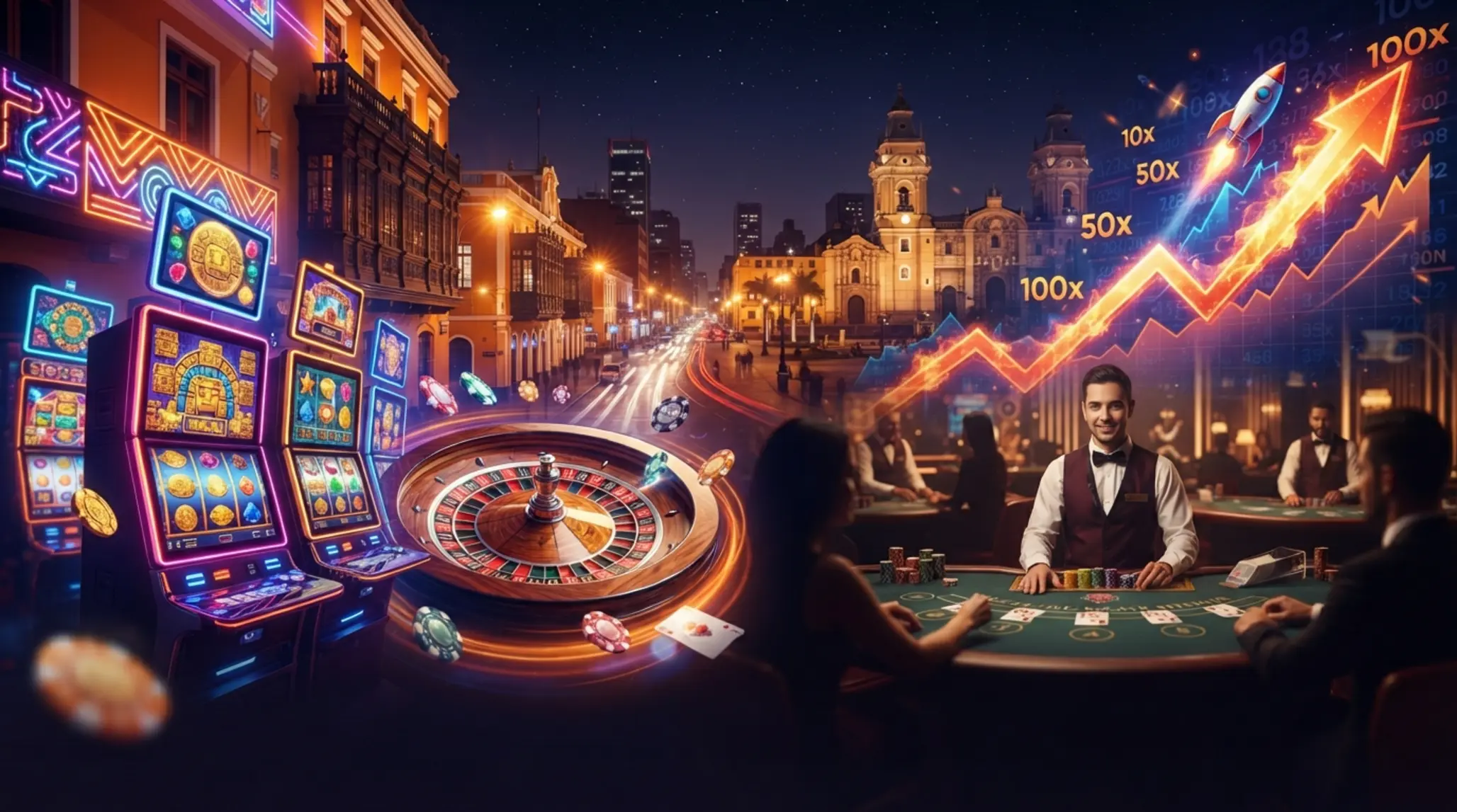 Escena dinámica de entretenimiento online con tragamonedas, ruleta y juegos en vivo en contexto peruano