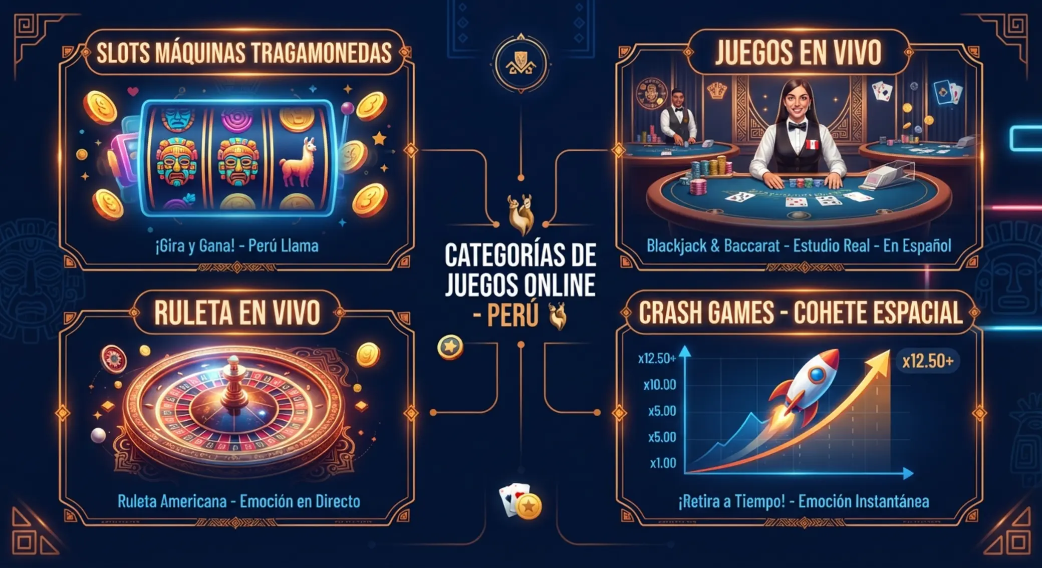 Collage de categorías de juegos online: tragamonedas, ruleta, en vivo y juego especial