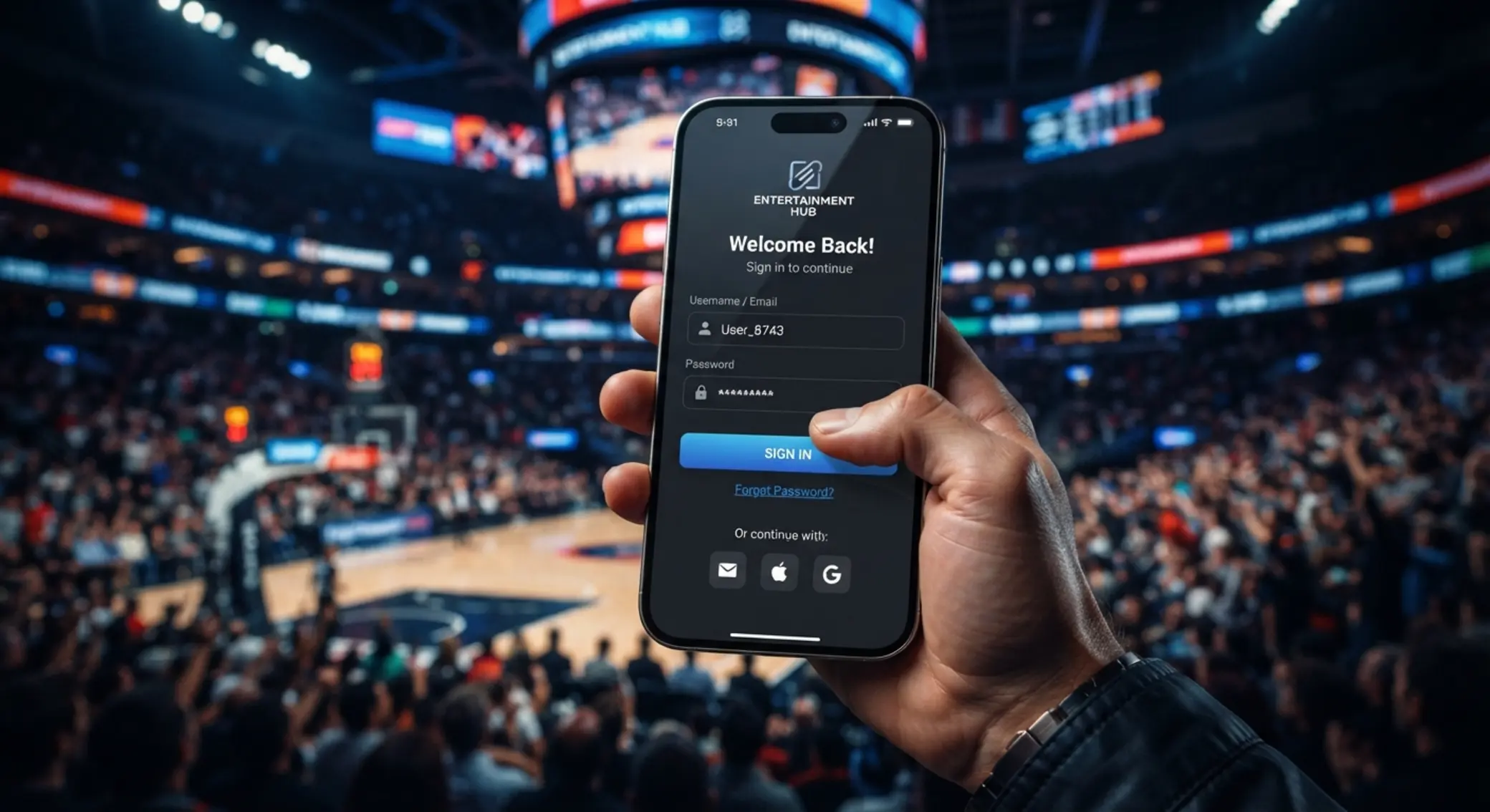 Smartphone con pantalla de inicio de sesión de una app móvil