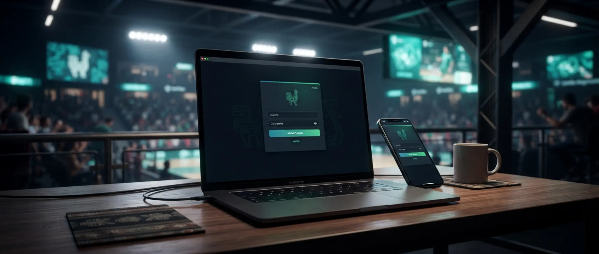 Interfaz de acceso digital en laptop y móvil con ambiente deportivo moderno