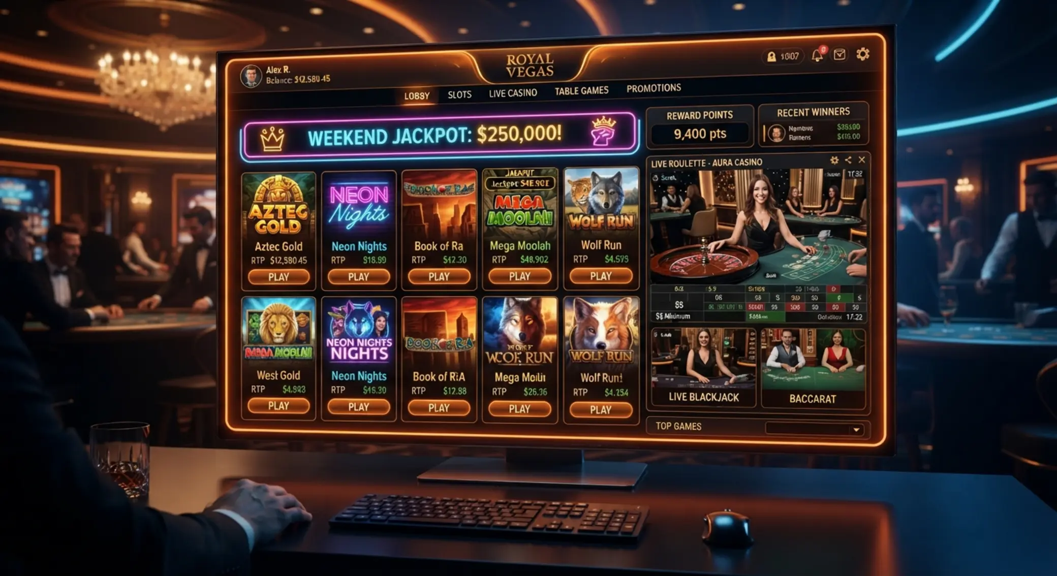 Lobby de casino online con tragamonedas y ruleta en vivo