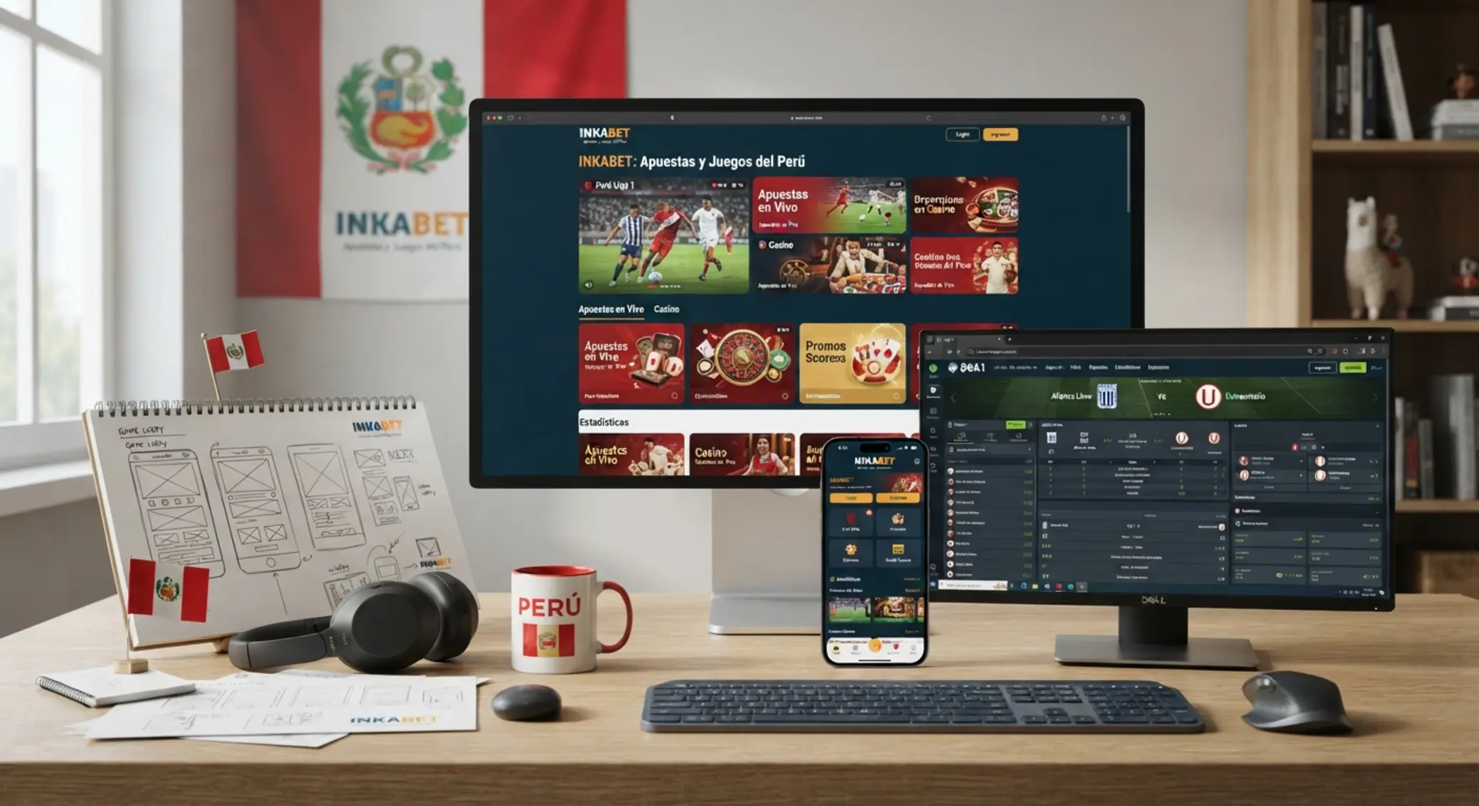 Collage de interfaz digital de deportes y juegos online en Perú
