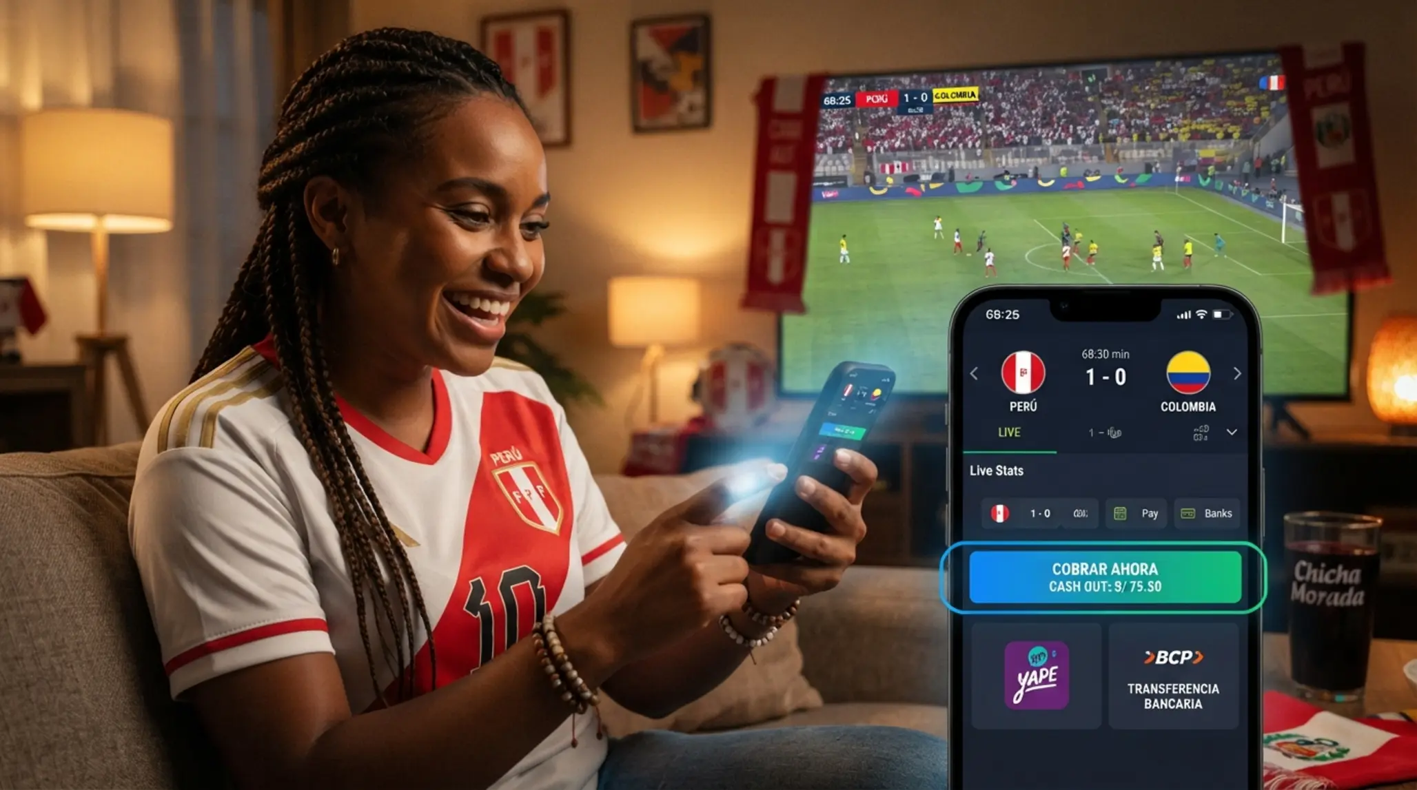 Usuario en Perú revisando una apuesta deportiva con opción Cash Out y métodos de retiro