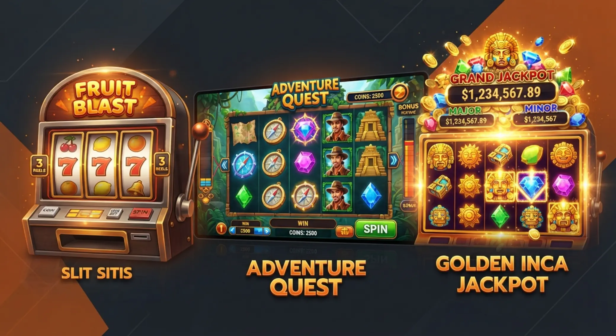 Ilustración de tragamonedas clásicas, video slots y jackpot en un mismo visual